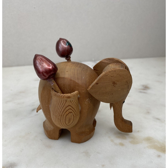 Hand Carved Wood Elephant Toothpick Holder Figurine Handpainted Maracas Trinket - Picture 10 of 11